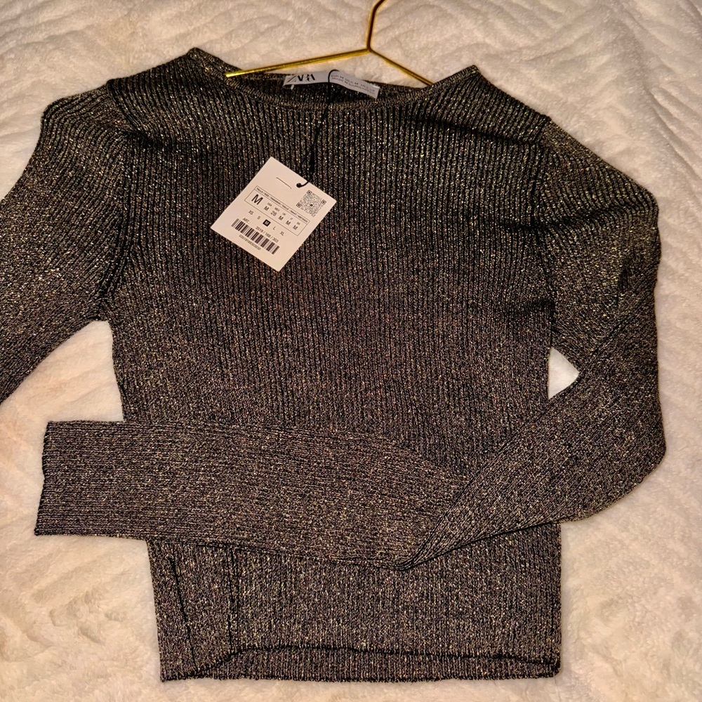 ZARA Black and Gold Metallic Knit Top NWT